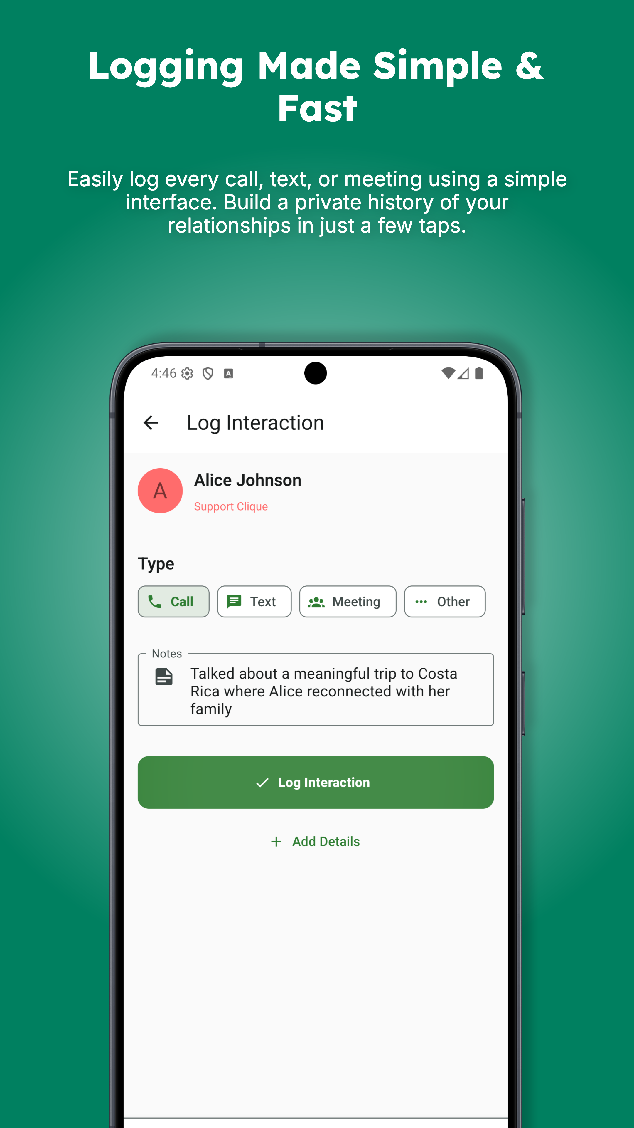 App screenshot showing the contact details screen