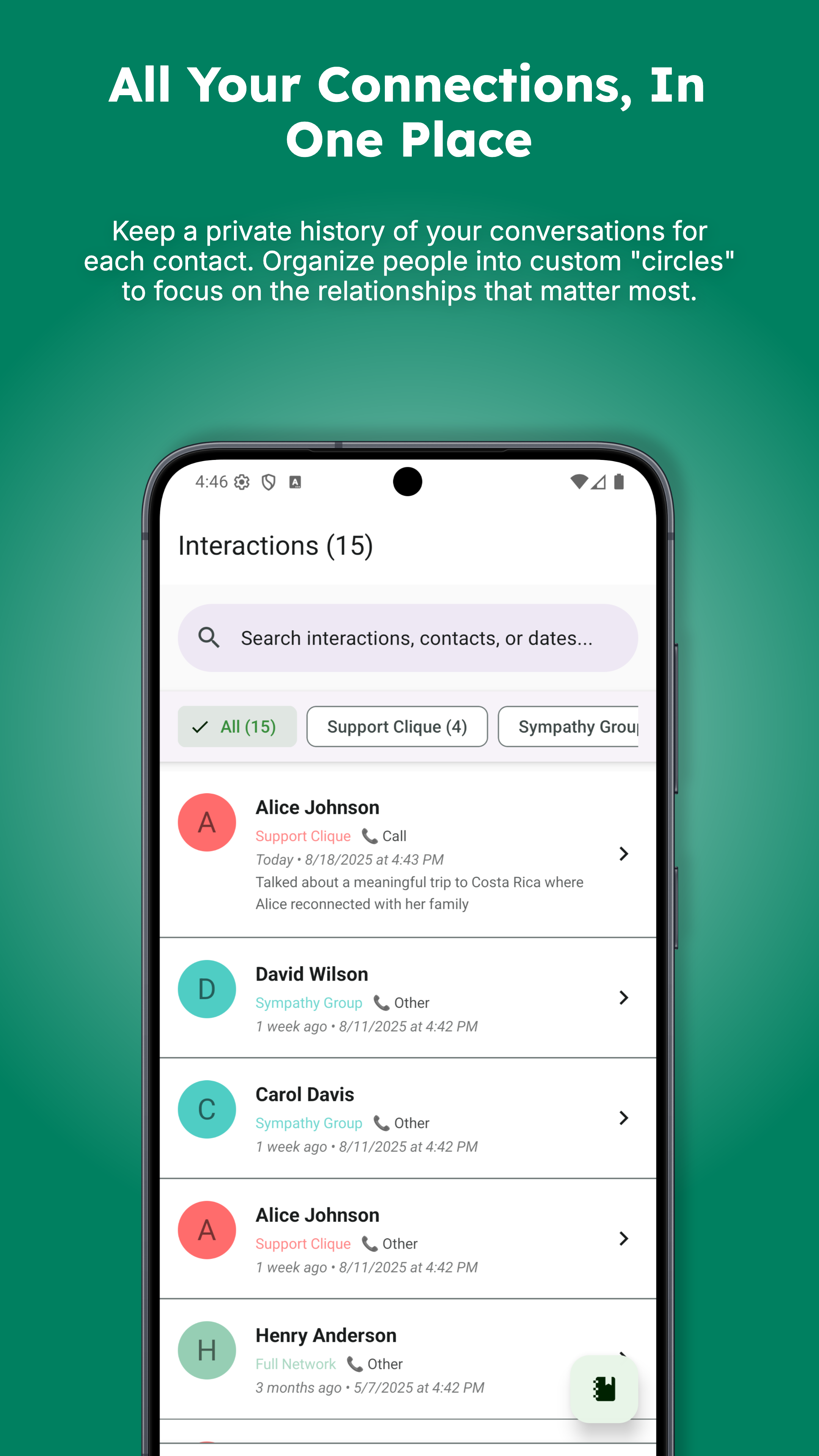 App screenshot showing the interaction logging screen